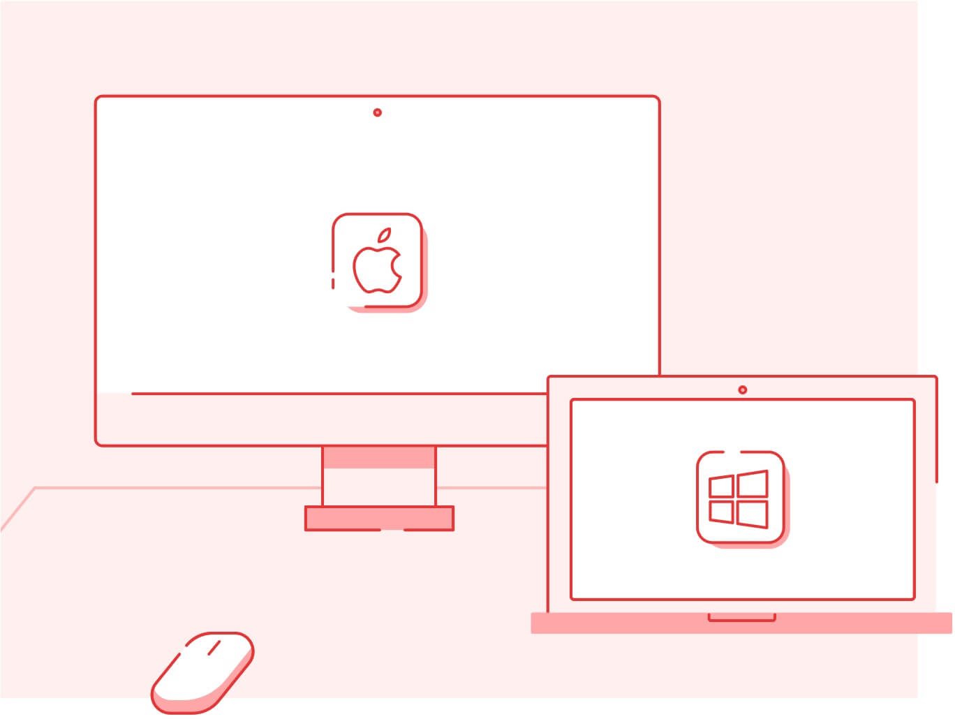Illustration of a Mac desktop computer and a Windows laptop computer